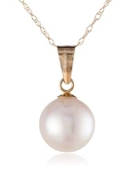 14k Yellow Gold White AA-Grade Akoya Cultured Pearl Pendant Necklace (7.5-8 mm), 18"