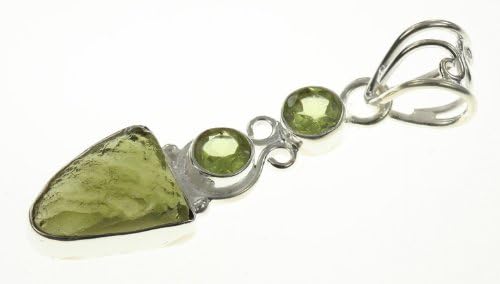925 Sterling Silver NATURAL PERIDOT, MOLDAVITE Pendant, 1 2/4"