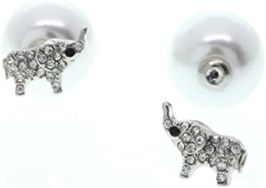 Simulated White Pearl Clear Crystal Silver Tone Double Sided Elephant Earrings