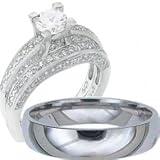 His & Hers, 925 Sterling Silver & Titanium Engagement Wedding Ring Set, AVAILABLE SIZES men's 8,9,10,11,12; women's set: 5,6,7,8,9.