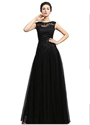 A-line Floor Length Tulle Jeweled Applique Sleeveless Evening Dress 