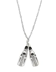 Sterling Silver Swimmers Pair of Swim Fins Charm with Thin Singapore Necklace