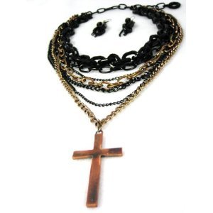 HOT Black and Copper Multi Chain with Cross Pendant Necklace and Earring Set