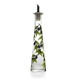 Decorative Glass Olive Oil Bottle with Pourer- Hand Painted Olives and Branch Motif, Holds 8 Fluid Ounces