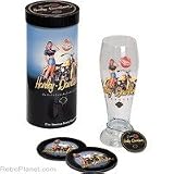 Harley-Davidson® American Beauty Beer Pilsner Glass / Coaster Set - Dottie. Seated on 1956 FLH Hydra-Glide. H-D® Part# HDL-18706