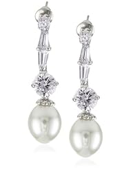 CZ by Kenneth Jay Lane Rhodium-Plated Simulated-Pearl Drop with Fishtail Round Cubic Zirconia Earrings