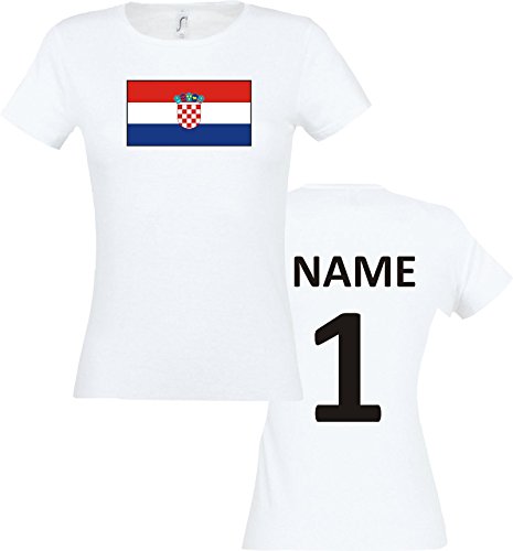 Lady T-Shirt Kroatien Croatia Ländershirt mit Wunschnamen und Nummer, Farbe weiss, Größe S