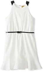 Girls Cotton/Nylon/Polyester Scoop Neck Sleeveless Jacquard Belted  High-Low-Hem  Dress With a Ribbon  and Ruffles