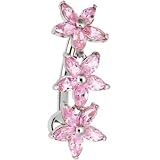Solid 14kt White Gold Pink Reverse Cubic Zirconia Lily Drop Belly Ring
