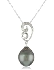 10k White Gold 9-9.5mm Tahitian Cultured Pearl and Diamond Pendant Necklace (0.02 cttw, G-H Color, I2-I3 Clarity), 17"