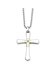 Stainless Steel 14k Gold w/ Diamond Cross Pendant 22in Necklace