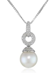 Sterling Silver Freshwater Cultured Pearl and Diamond Drop Pendant Necklace (0.12 cttw, I-J Color, I2-I3 Clarity), 18"
