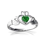 14K White Gold Heart Genuine Emerald Celtic Claddagh Ring