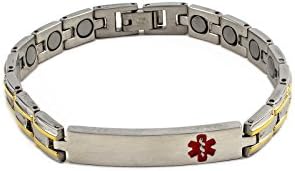 Stainless Steel with Gold Trim Women's Medical Alert Magnetic Therapy Bracelet - Adjusts 6 to 8-In