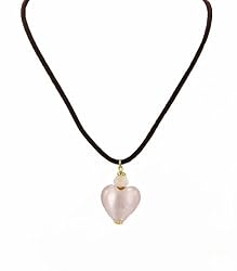 Necklace - N152 - Murano Style Glass - Heart Shape (Sm) ~ Pink on Brown Flock Cord