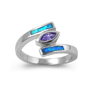 Sterling Silver Ring in Lab Opal - Blue Opal, Amethyst - Ring Face Height: 13mm, Size 5 - 9