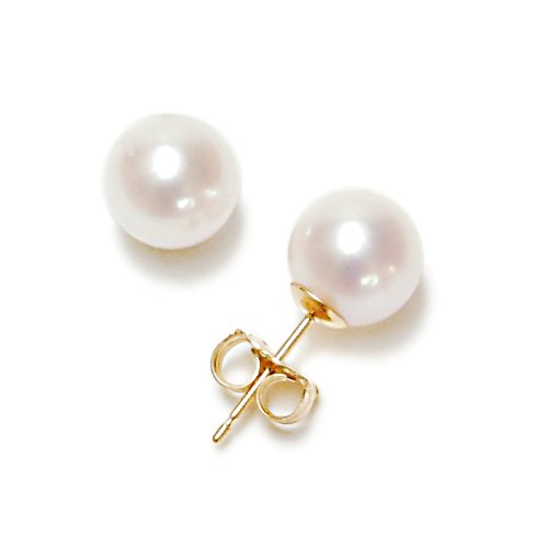 wedding jewelry earrings-14k Yellow Gold 7x7.5mm AAA Akoya Cultured Pearl Earrings Images