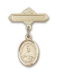 14K Gold Baby Badge with Scapular Charm and Polished Badge Pin