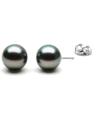 HinsonGayle AAA Handpicked Genuine French Polynesian 11.0-12.0mm Peacock Black Tahitian Cultured Pearl Stud Earrings (Solid 14K White Gold)