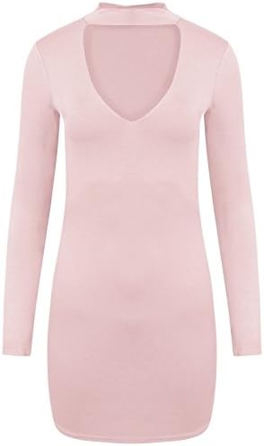 Women Curve Hem Keyhole Cut Choker V Neck Tunic Body Con Mini Dress