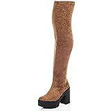 PLATFORM BLOCK HEEL OVER KNEE TALL BOOTS TAN SUEDE STYLE SZ 5