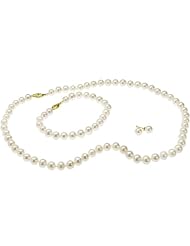Freshwater Pearl Necklace, Bracelet and Earring Set 7-8mm in 14K Yellow Gold