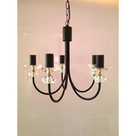 STUNNING BLACK WROUGHT IRON 5 LIGHT CHANDELIER WITH FULL LEAD CRYSTAL SCONCES AND DECORATION