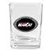 Square glass shot features a football appliqu? with domed inset. Shot is approx 2 3/8IN tall. Applique is approx 1 inch across.