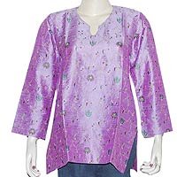 Long Sleeve Purple Shirt Womens Silk Top Blouse Embroidery Size M