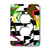 Jos Fauxtographee Abstract - Black and White Stripes With Vibrant Colors in Back of Blue, Green, Yellow and Mint Swirled - Light Switch Covers - 2 plug outlet cover