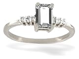14K White Gold Genuine Emerald-cut White Topaz and Diamond Ring