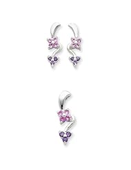 Sterling Silver Pink & Purple CZ Flower Earrings And Pendant Set