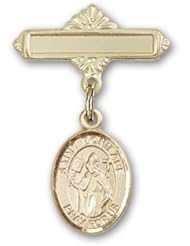 14K Gold Baby Badge with St. Boniface Charm and Polished Badge Pin