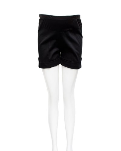 Black Maternity Cuffed Button Shorts Elastic Waist Fabric