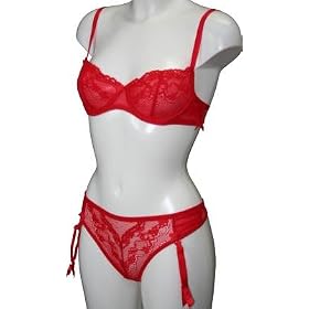 Sheer Stretch Lace Bra & Suspender Thong Set Red