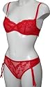 Sheer Stretch Lace Bra & Suspender Thong Set Red