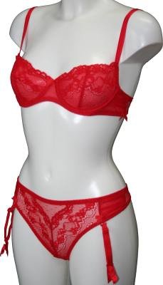 Sheer Stretch Lace Bra & Suspender Thong Set Red