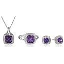 Sterling Silver Cushion Amethyst and Diamond Ring, Pendant Necklace, Earrings Box Set, Size 7