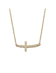 18K Yellow Gold Plated Sterling Silver High Polish Finish Pave Set Cubic Zirconia CZ Curved Sideways Cross Fashion Designer Charm Necklace with 16"-18" Adjustable Link Chain