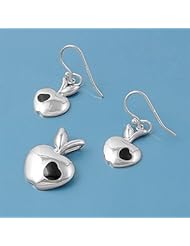 Sterling Silver Elegant Fruit Design Apple with Bite Pendant and Earrings Jewelry Set