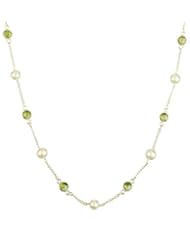 Sterling Silver with 9 Freshwater Pearls and 8 Peridot Round Cabochon Necklace, 18"
