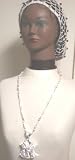 Hand Crocheted Light Pink Rayon Cotton Gimp Large Helen Snood for Women Trimmed with Fire Polished Gunmetal Color Beads Offered in Combination with Sterling Silver Long Chain Charm Necklace with New York Yankee Pendant
