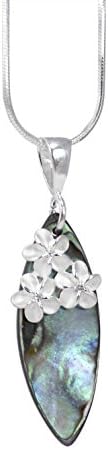 Hawaiian Abalone Shell Surfboard and Plumeria Pendant in Sterling Silver with 18 Inch Chain