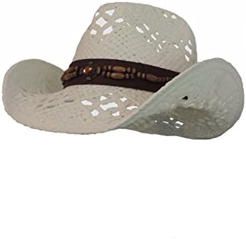 White Cowboy Western Hat With Faux Leather Beaded Hatband & Orange Gem Medallion