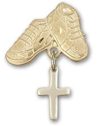 Gold Filled Baby Badge with Cross Charm and Baby Boots Pin