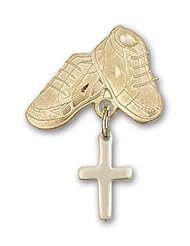 14K Gold Baby Badge with Cross Charm and Baby Boots Pin