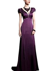 A-line V-neck Sequined Lace-Up Cocktail Floor Length Cap Sleeves Short Sleeves Satin Homecoming Dress/Pageant Dress/Prom Dress/Party Dress/Wedding Dress 