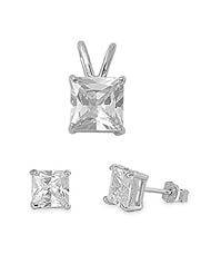 Sterling Silver Clear CZ Earrings and Necklace Jewelry Set