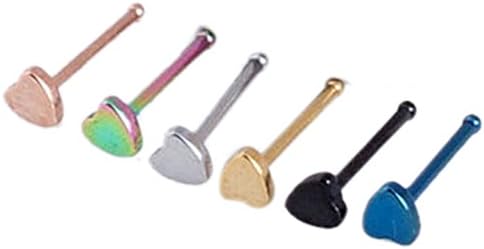 Lots of 6 Pcs 0.7mm Assorted Color Stainless Steel Heart Nose Stud Body Piercing Jewelry