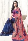 Peach and Blue Faux Georgette Saree with Blouse